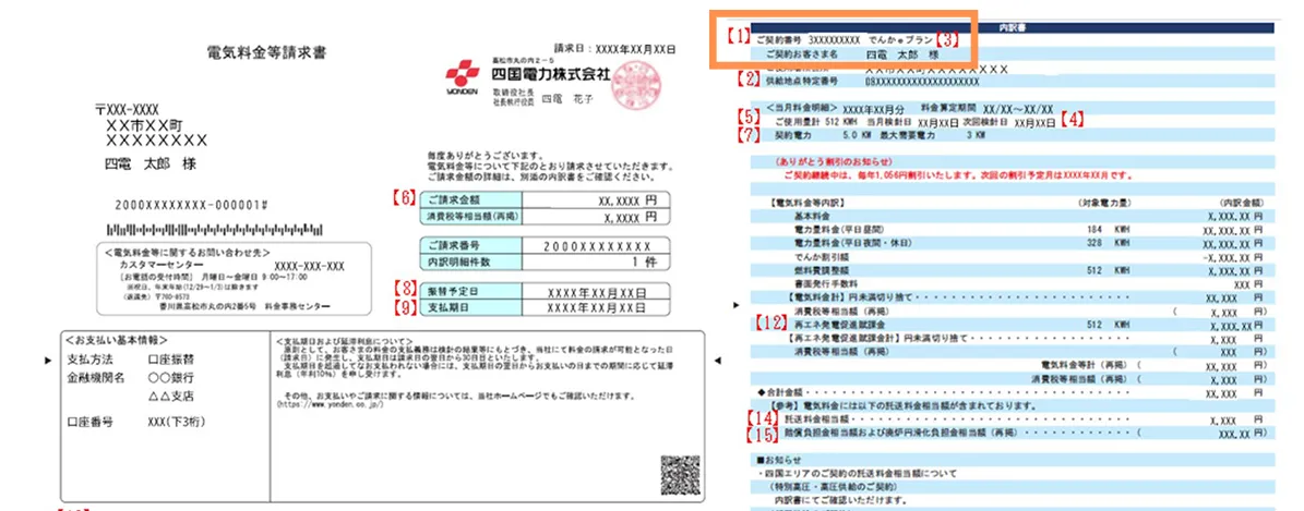四国電力のお客様番号や契約番号の確認方法　電気料金等請求書の場合